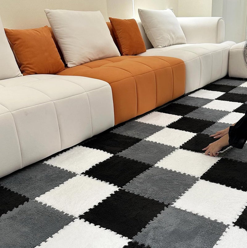 BXEBUI 12pcs Carpet Squares Puzzle Floor Mat, Plush Interlocking Carpet Tiles, Anti Slip EVA Foam Jigsaw Floor Tiles, Build A Safe Area for Bedroom Playroom (White+Grey+Black) - Image 2